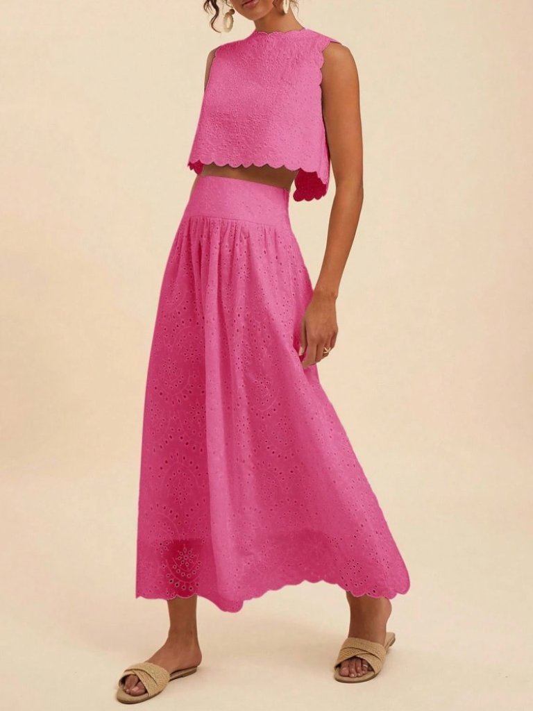 Pink Eyelet Crop Top & Maxi Skirt Set, Scalloped Trim